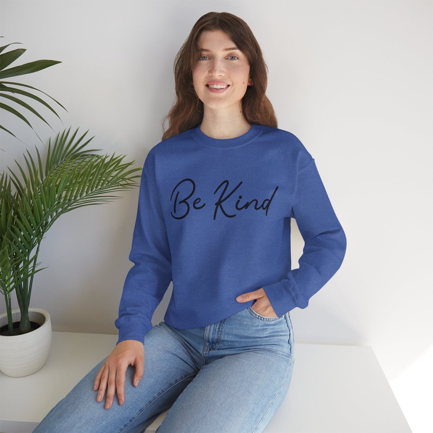 Be Kind Mental Health Awareness Sweatshirt/ Person Front View Mockup/ Heather Royal Sport Colored