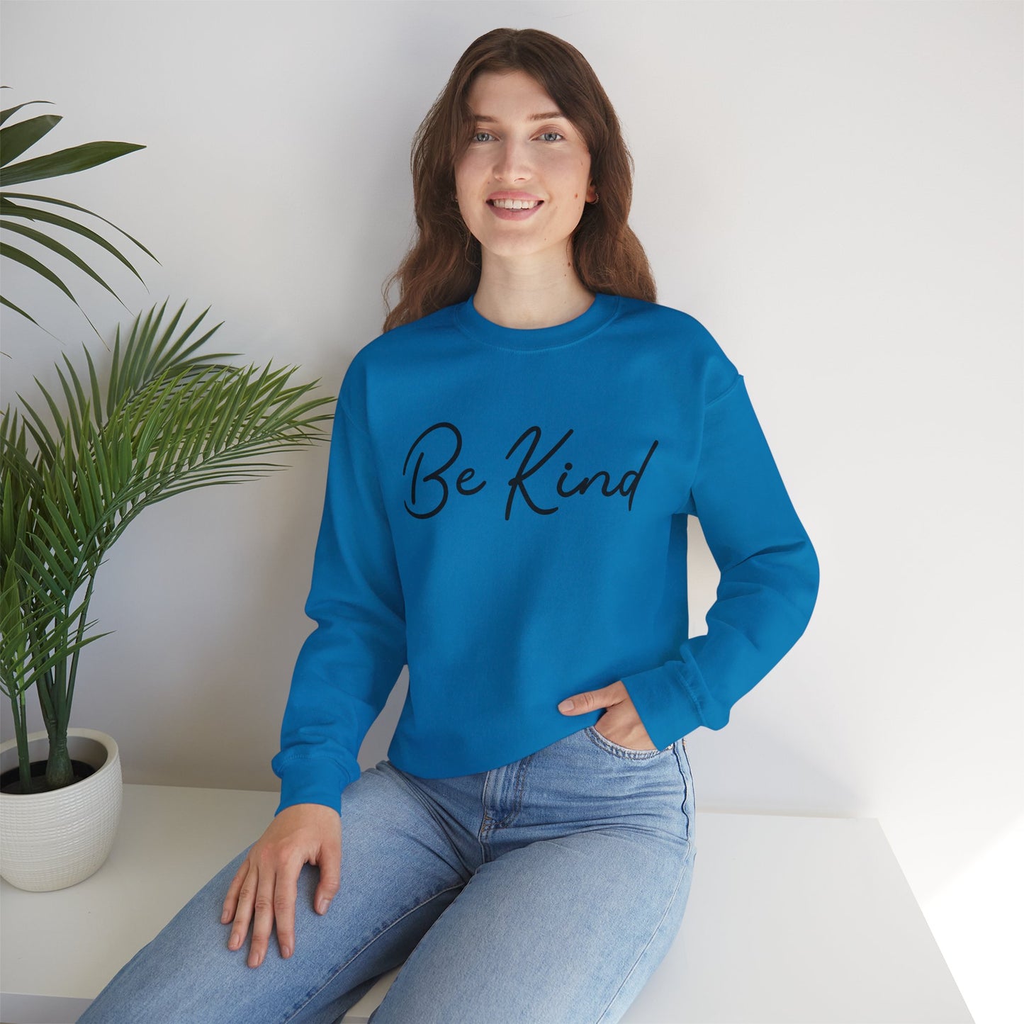 Be Kind Mental Health Awareness Sweatshirt/ Person Front View Mockup/ Sapphire Colored
