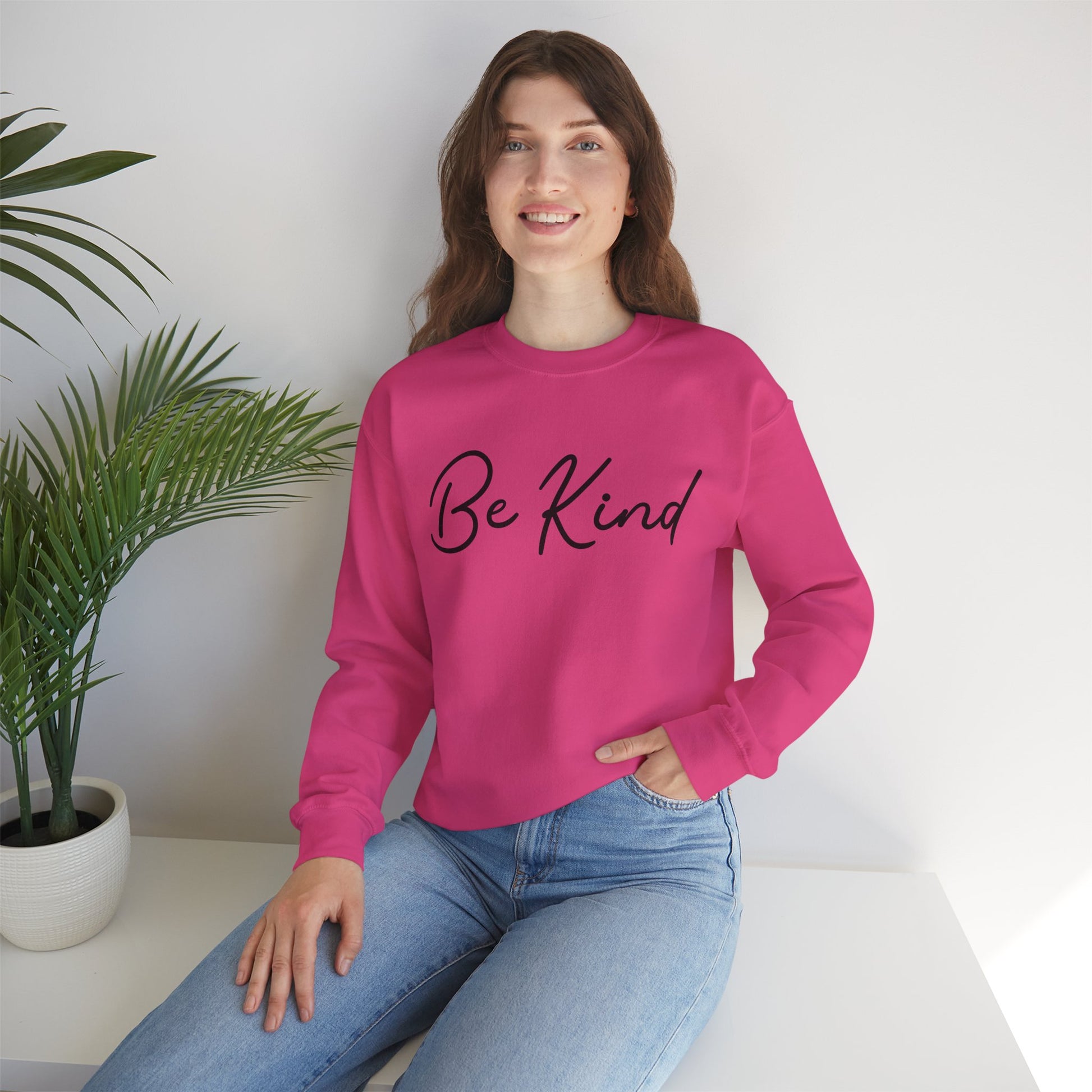 Be Kind Mental Health Awareness Sweatshirt/ Person Front View Mockup/ Heliconia Colored