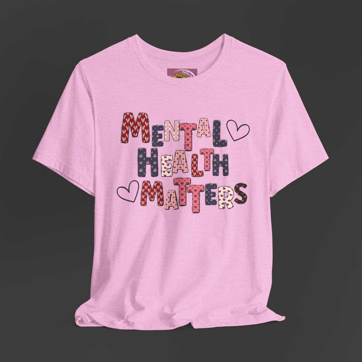 Valentines Day Mental Health Matters Tee Shirt/Front Hanging View Mockup Heather Bubble Gum
