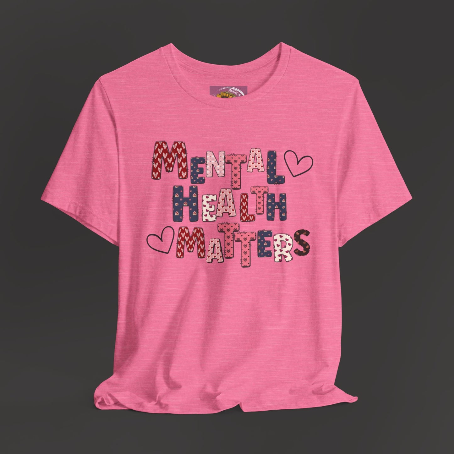 Valentines Day Mental Health Matters Tee Shirt/Front Hanging View Mockup Heather Charity Pink