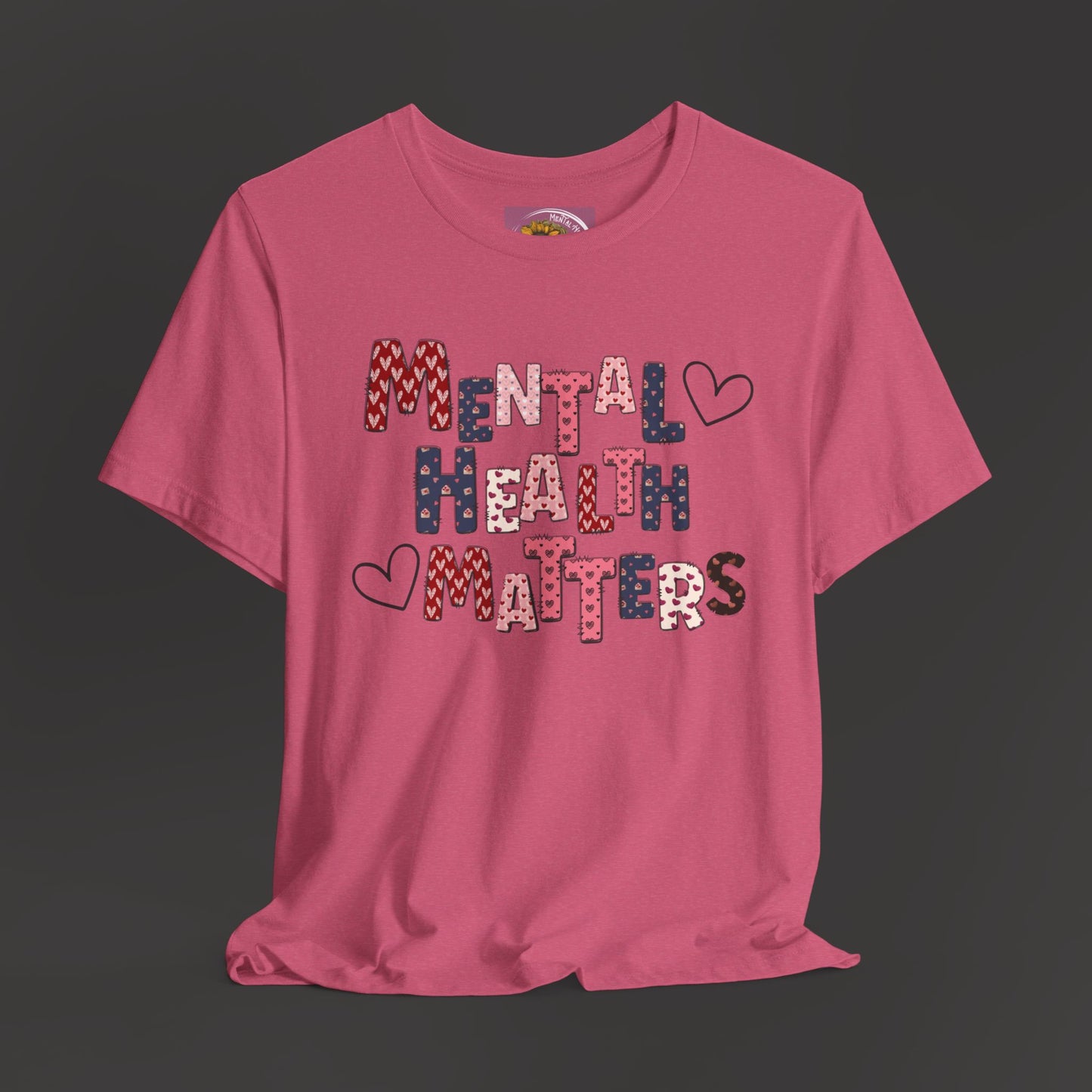 Valentines Day Mental Health Matters Tee Shirt/Front Hanging View Mockup Heather Raspberry
