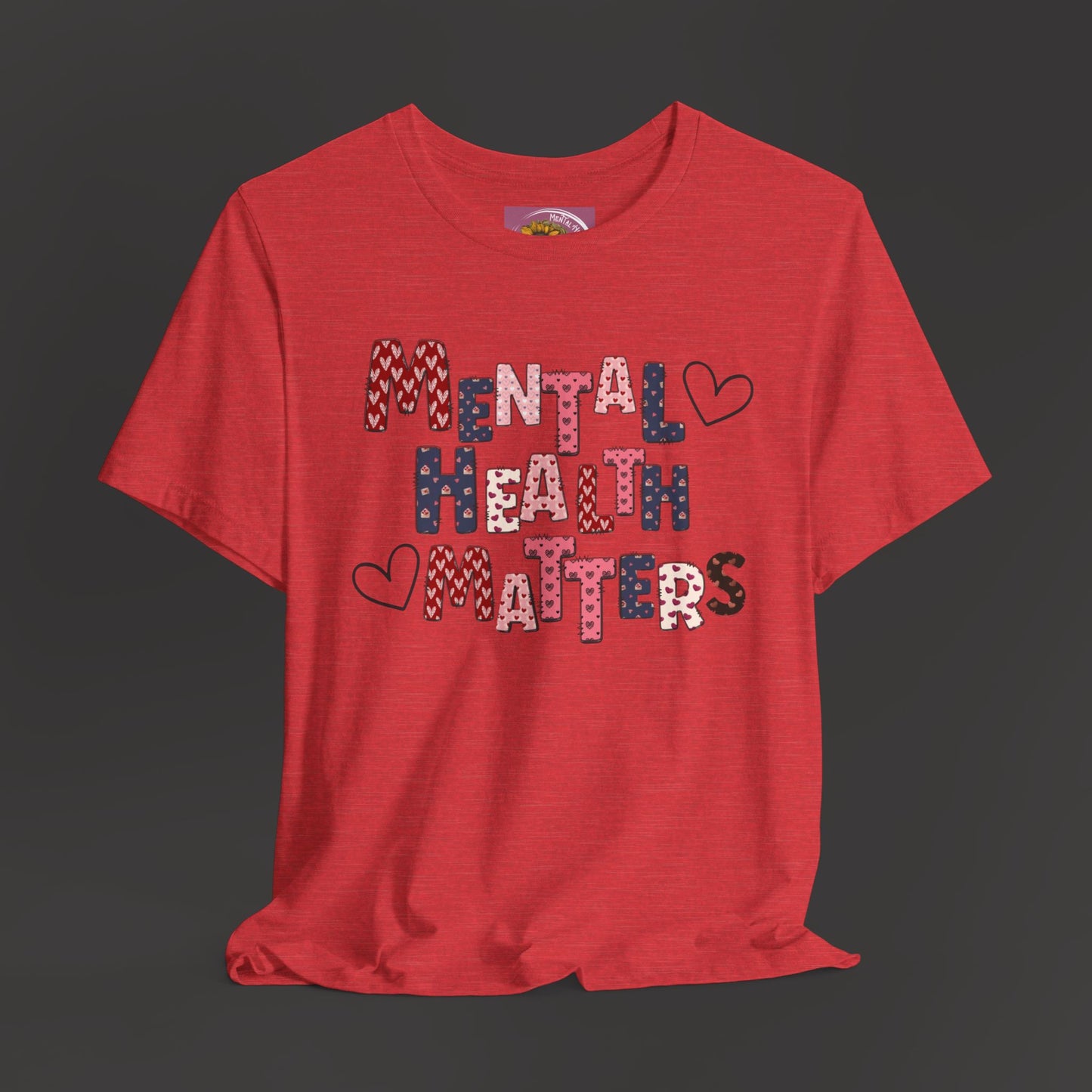 Valentines Day Mental Health Matters Tee Shirt/Front Hanging View Mockup Heather Red