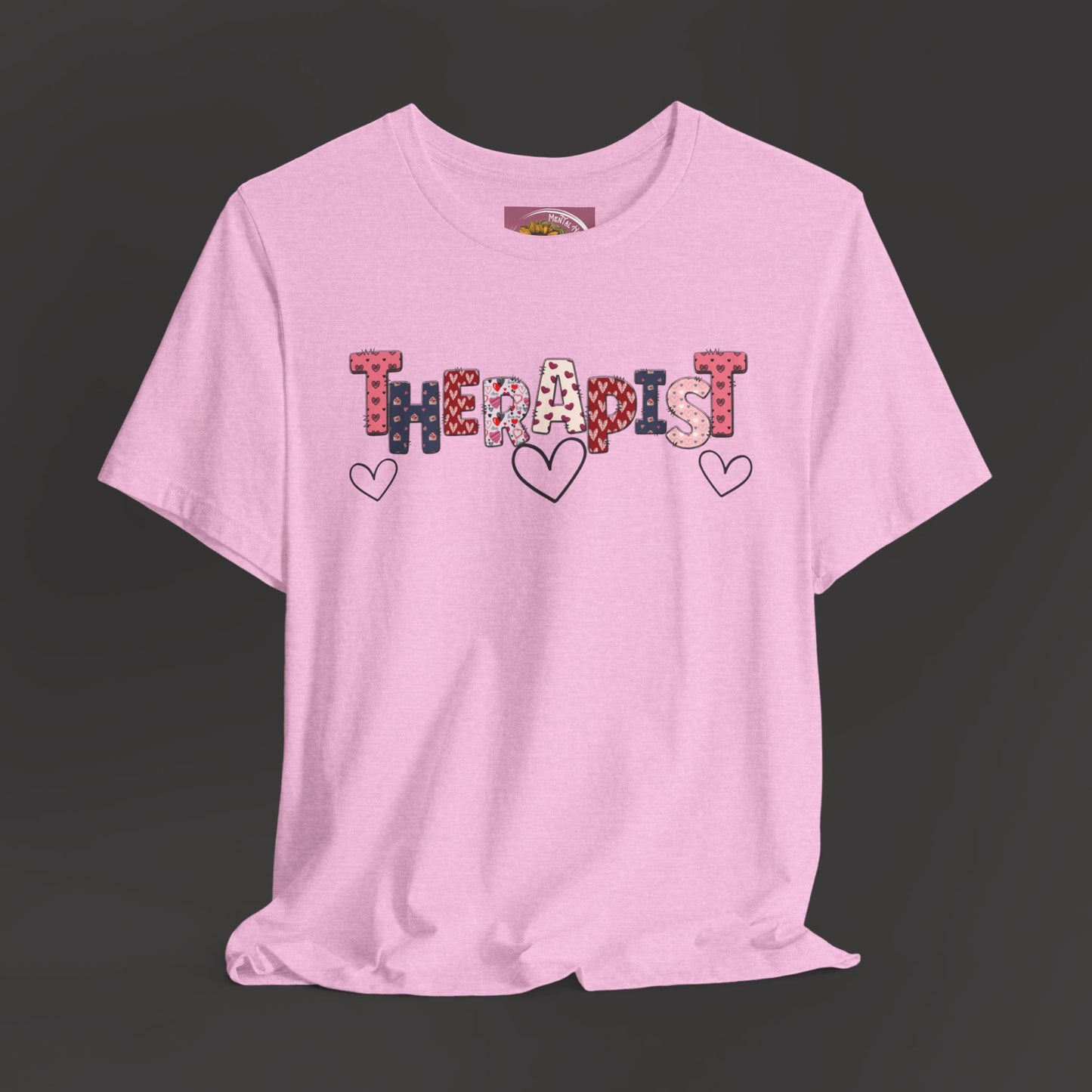 Valentines Day- Therapist Mental Health Care Professionals Tee Shirt/ Front Hanging View Mockup/ Heather Bubble Gum Color