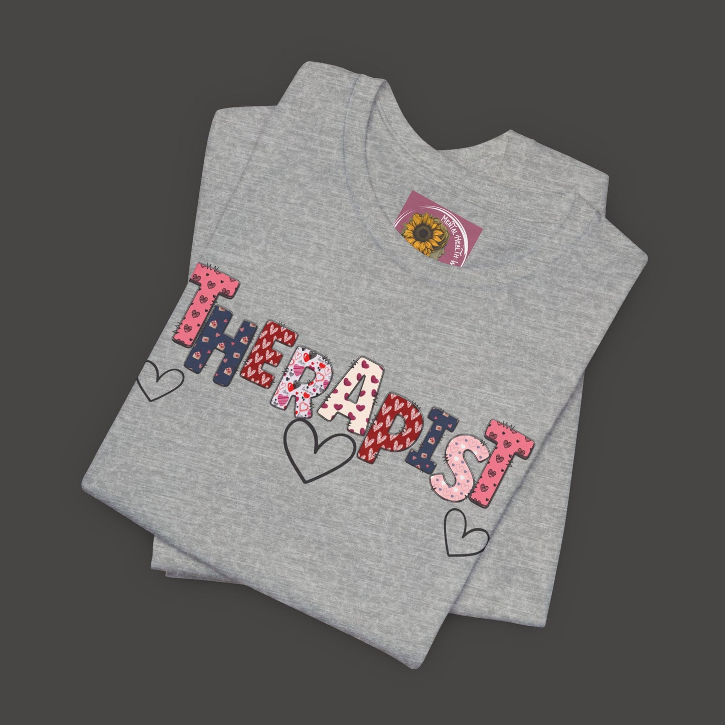 Valentines Day- Therapist Mental Health Care Professionals Tee Shirt/ Front Folded View Mockup/ Athletic Heather 