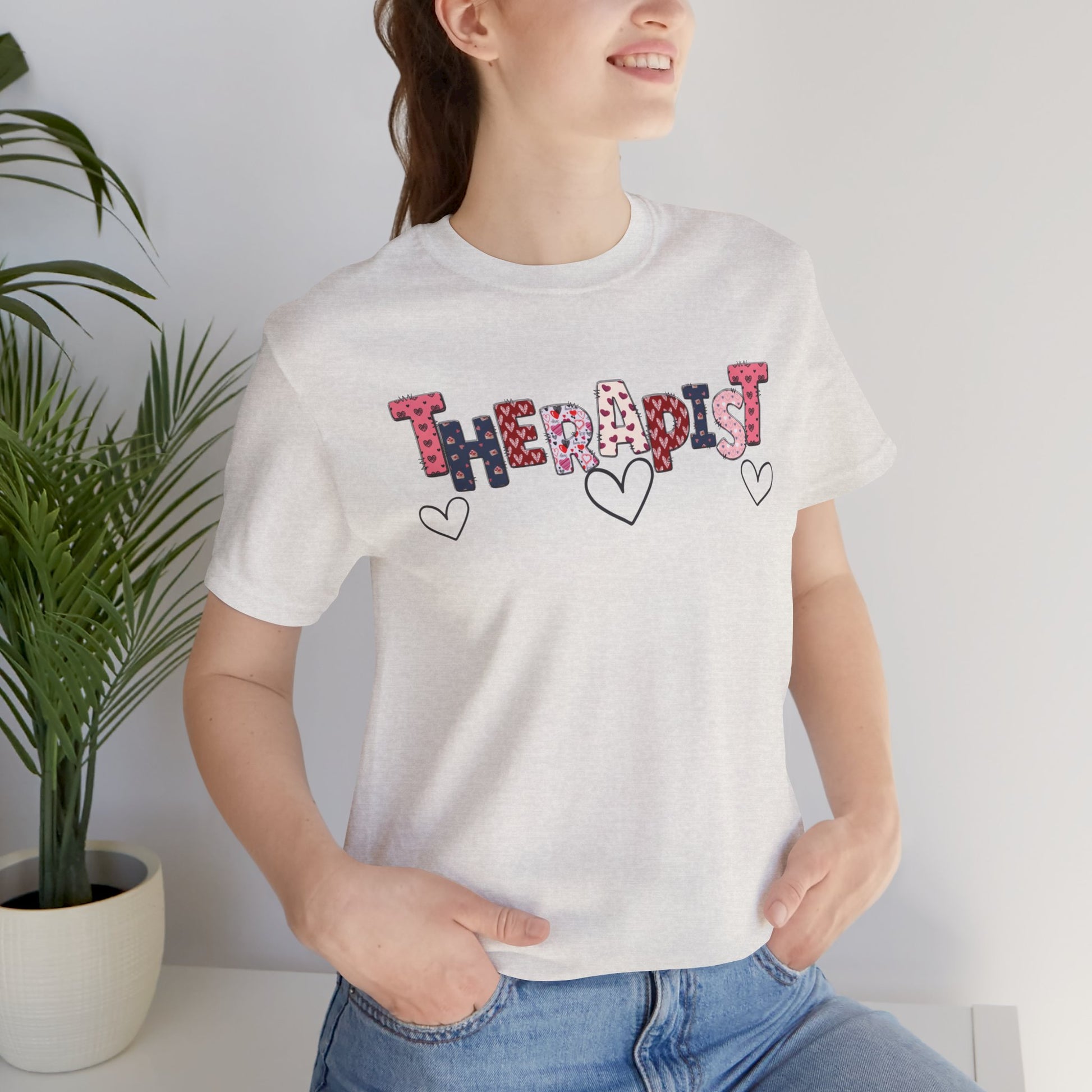 Valentines Day- Therapist Mental Health Care Professionals Tee Shirt/ Front Person View Mockup/ Ash