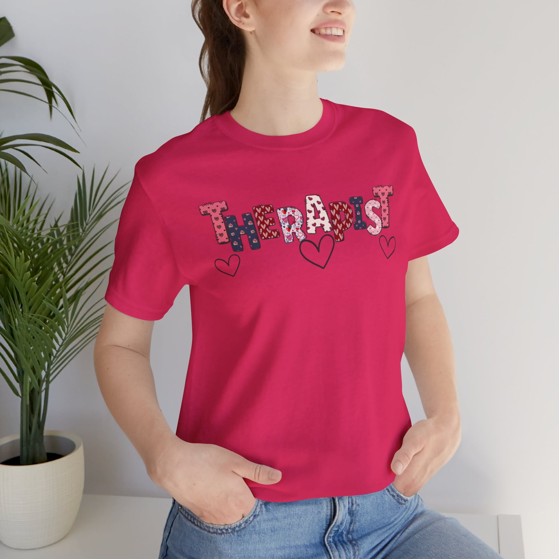 Valentines Day- Therapist Mental Health Care Professionals Tee Shirt/ Front person view mockup/ Fushuia Pink