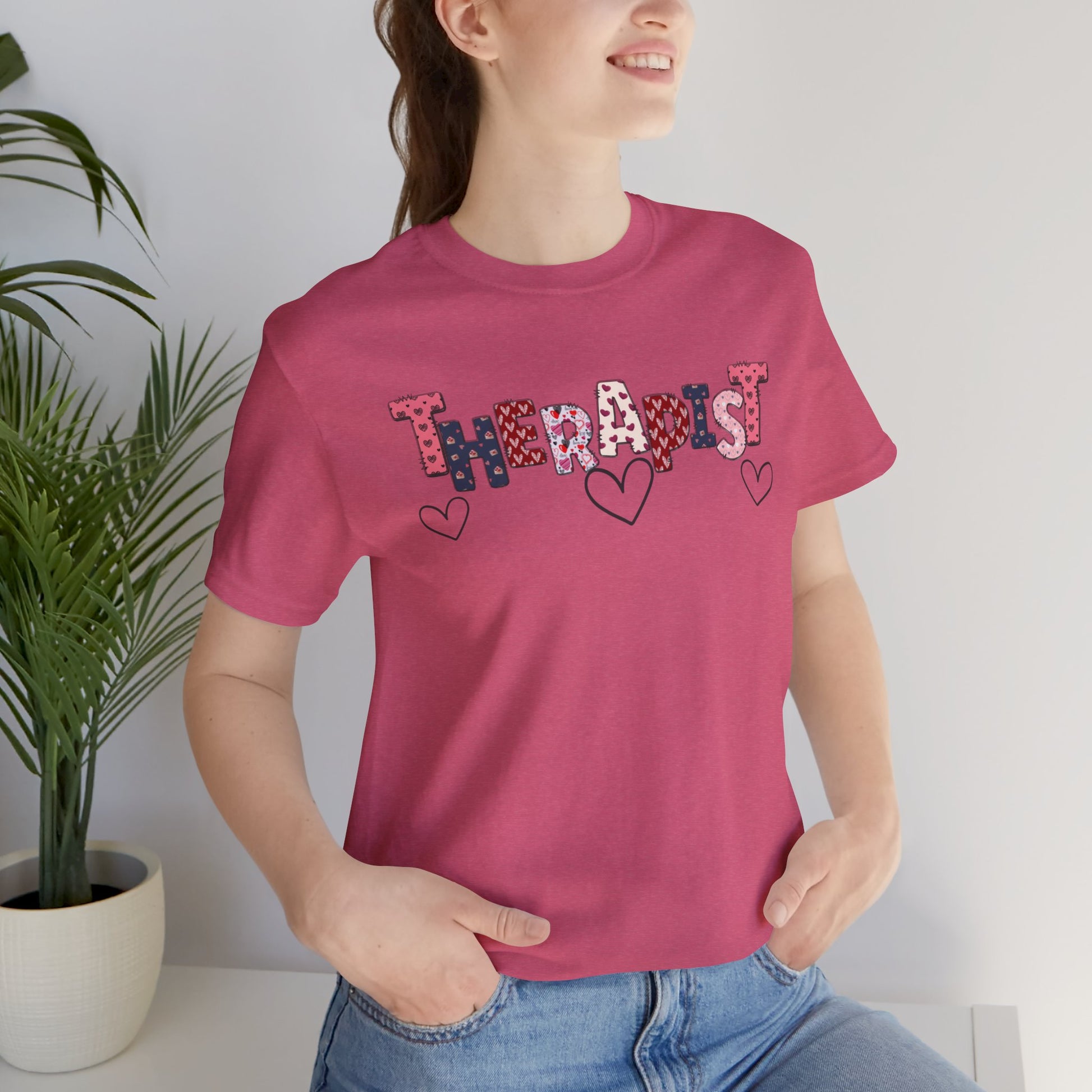 Valentines Day- Therapist Mental Health Care Professionals Tee Shirt/ Front Person view mockup/ Heather Charity Pink 