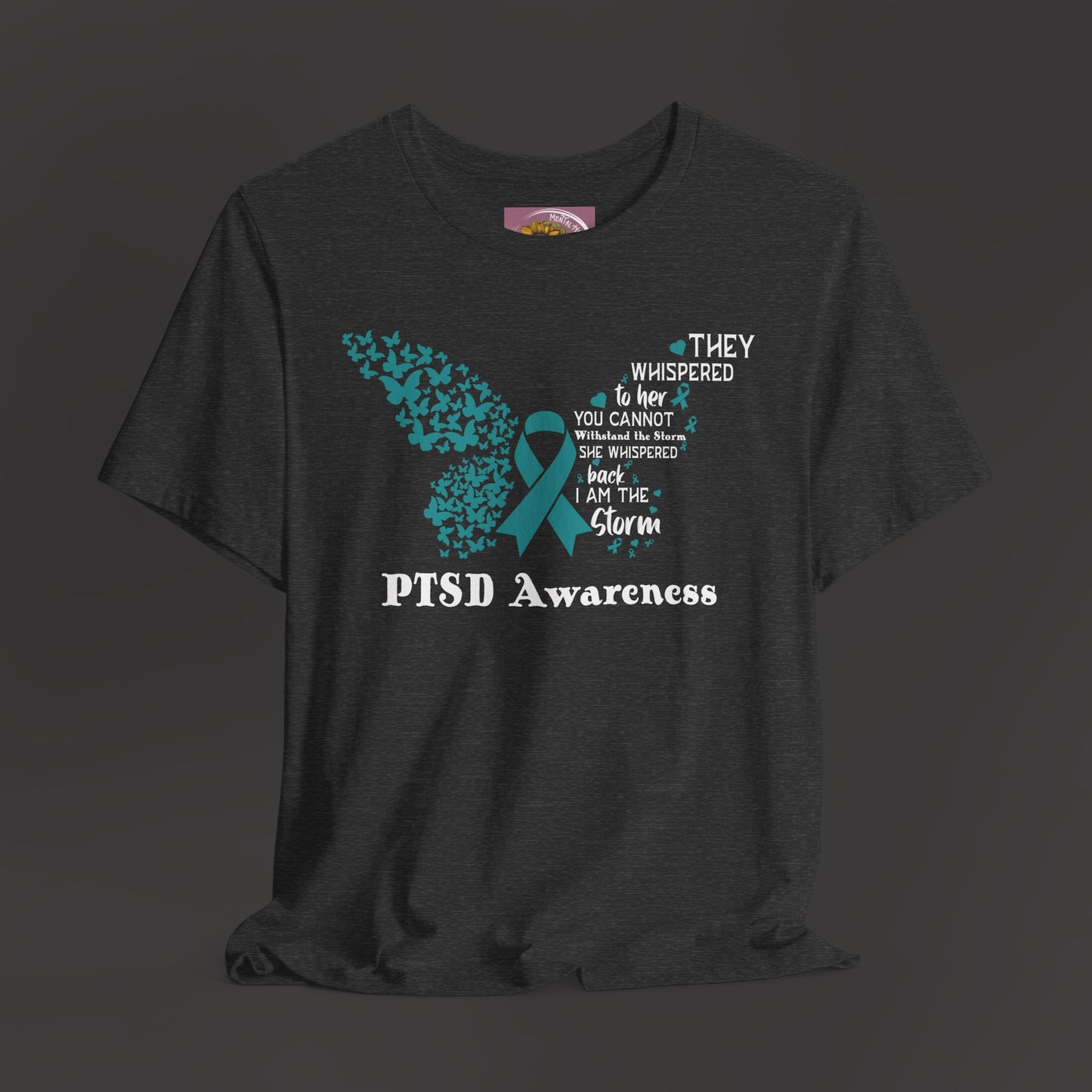 Butterfly-PTSD Awareness Unisex Tee/Front Hanging View/ Dep Heather Grey