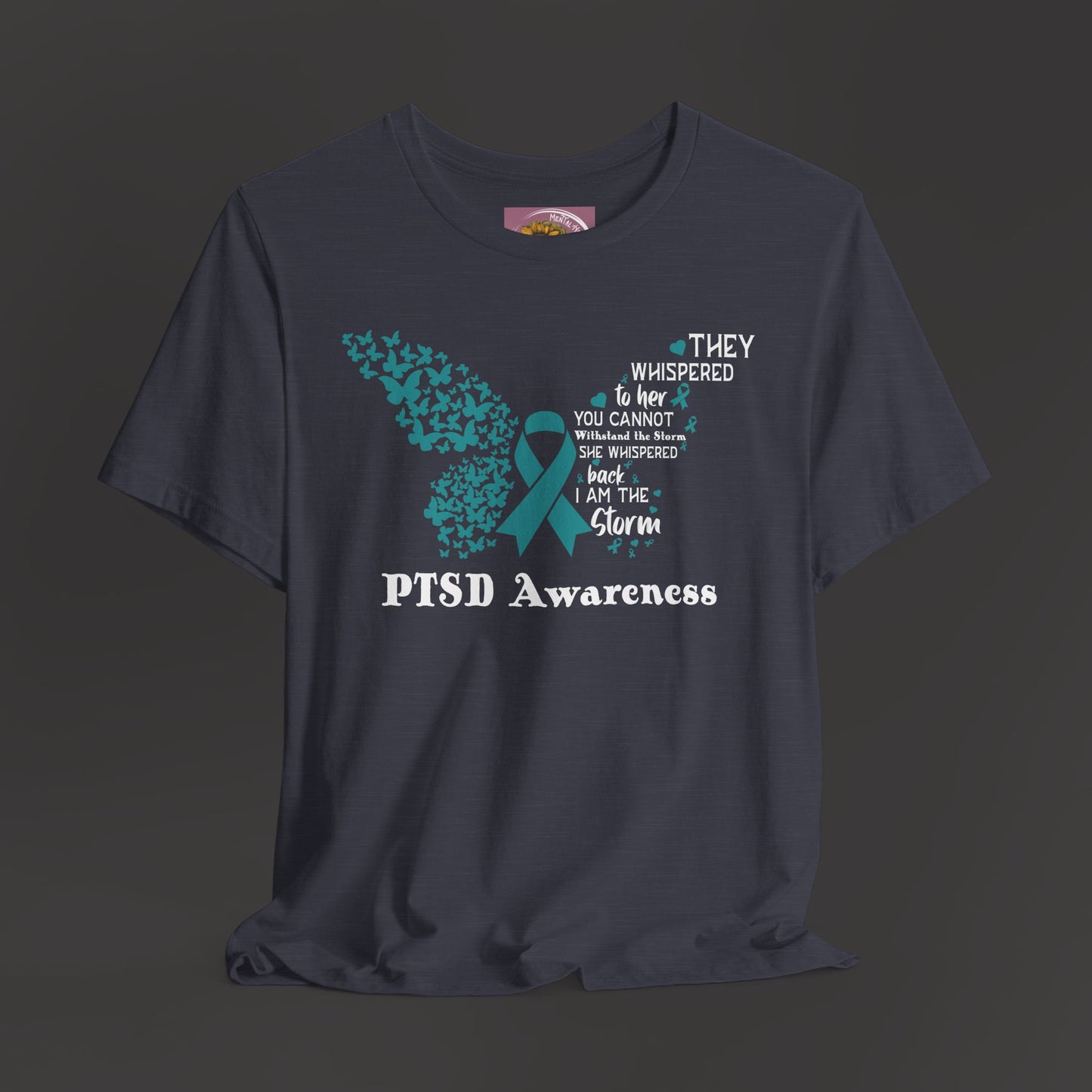 Butterfly-PTSD Awareness Unisex Tee/Front Hanging View/ Heather Midnight Navy 