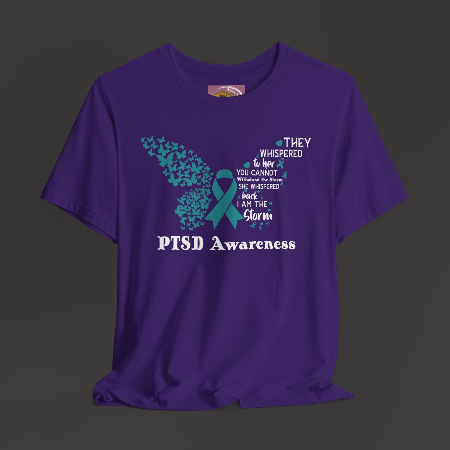 Butterfly-PTSD Awareness Unisex Tee/Front Hanging View/ Heather Team Purple