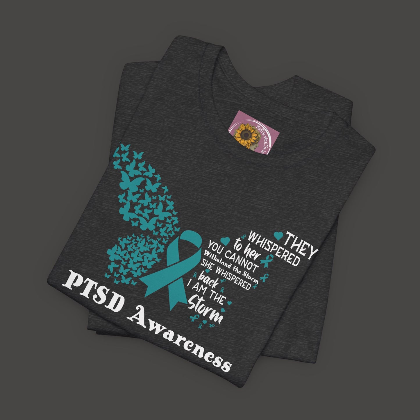 Butterfly-PTSD Awareness Unisex Tee/Front Folded View/ Heather deep Grey