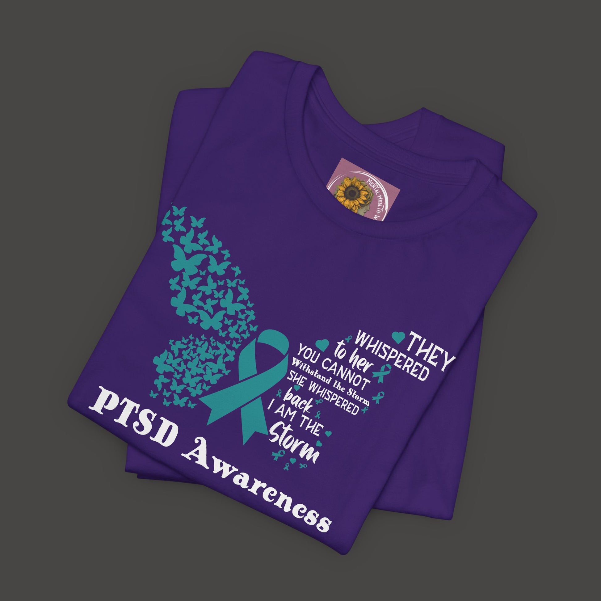 Butterfly-PTSD Awareness Unisex Tee/Front Folded/ Heather Team Purple