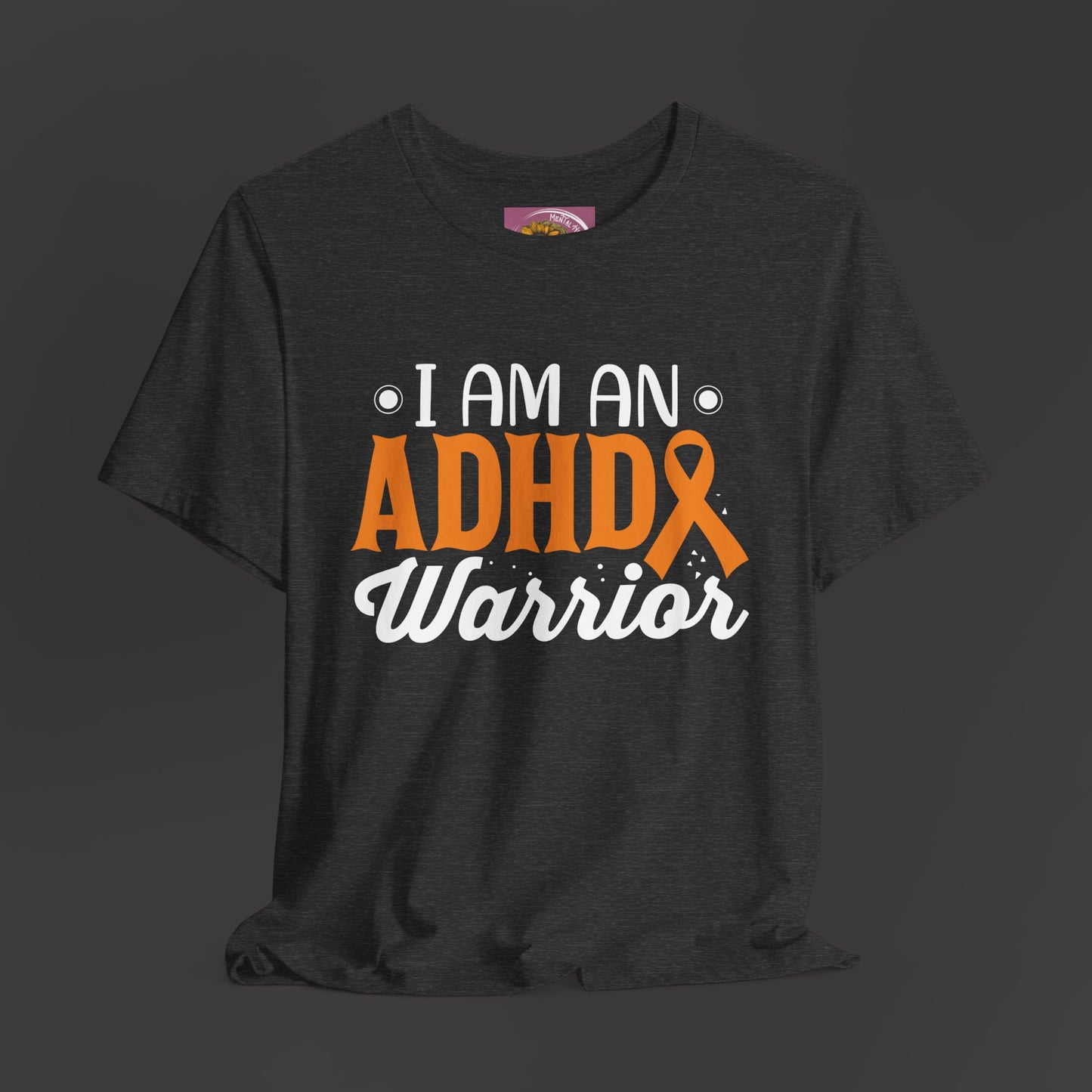 ADHD Warrior Tee Shirt/ Front Hanging View Mockup/ Dark Heather Grey Colored