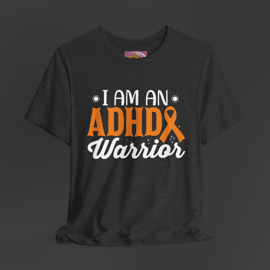 ADHD Warrior Tee Shirt/ Front Hanging View Mockup/ Dark Heather Grey Colored