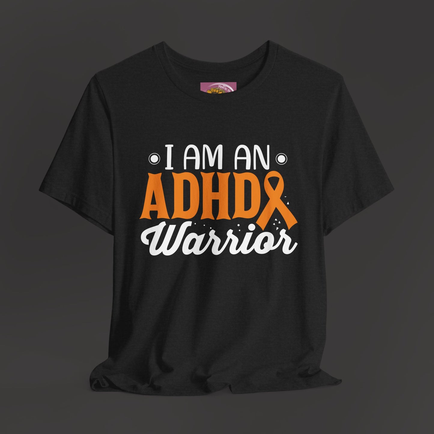 ADHD Warrior Tee Shirt/ Front Hanging View Mockup/ Solid Black Blend Colored