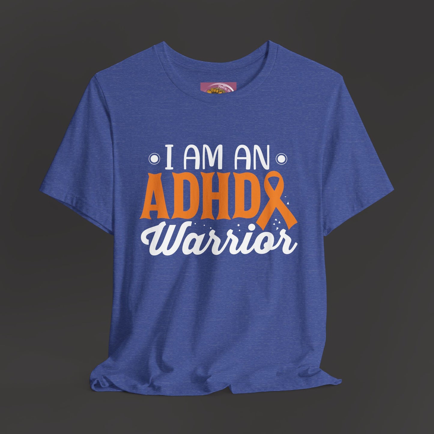 ADHD Warrior Tee Shirt/ Front Hanging View Mockup/ Heather True Royal Colored