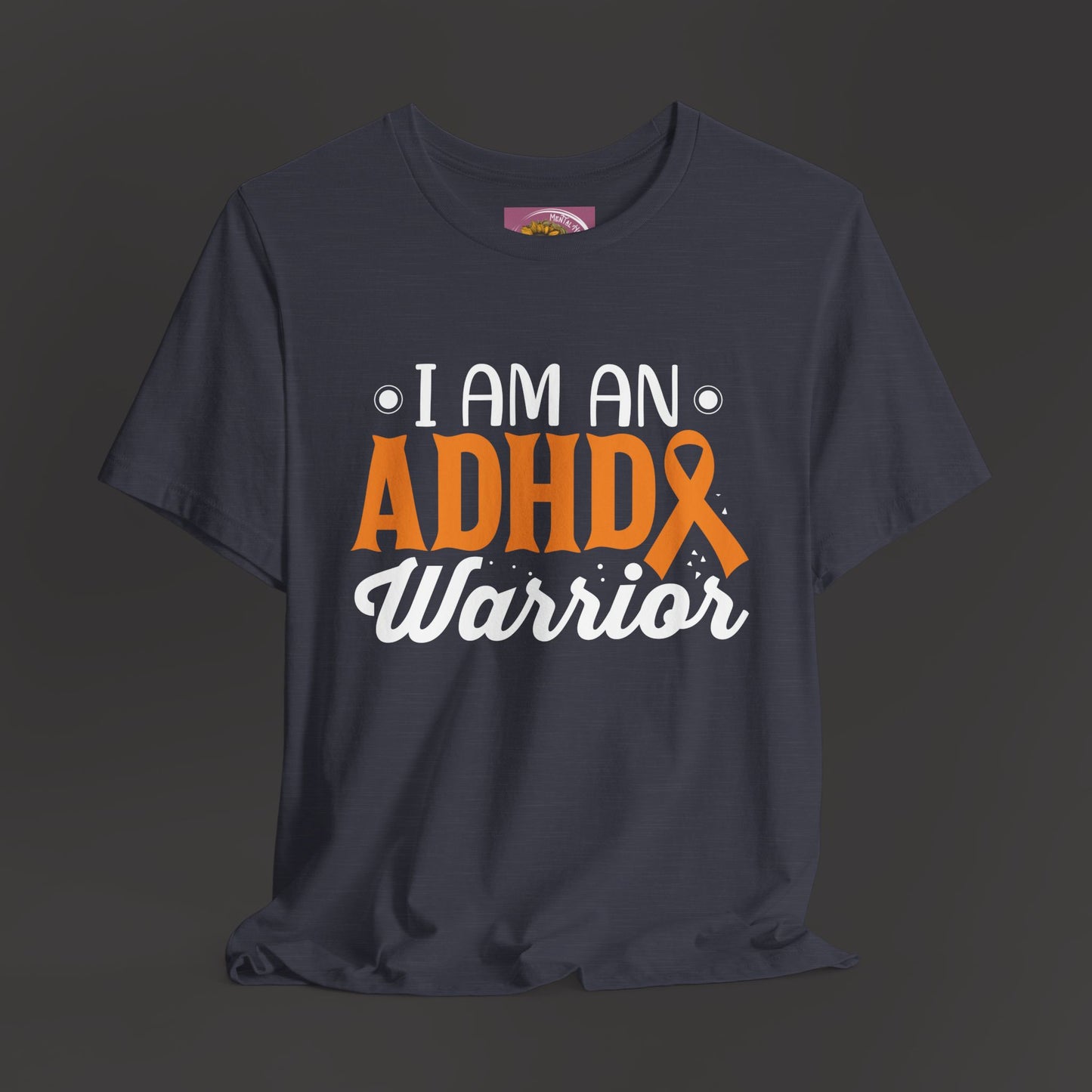 ADHD Warrior Tee Shirt/ Front Hanging View Mockup/ Heather Midnight Navy Colored