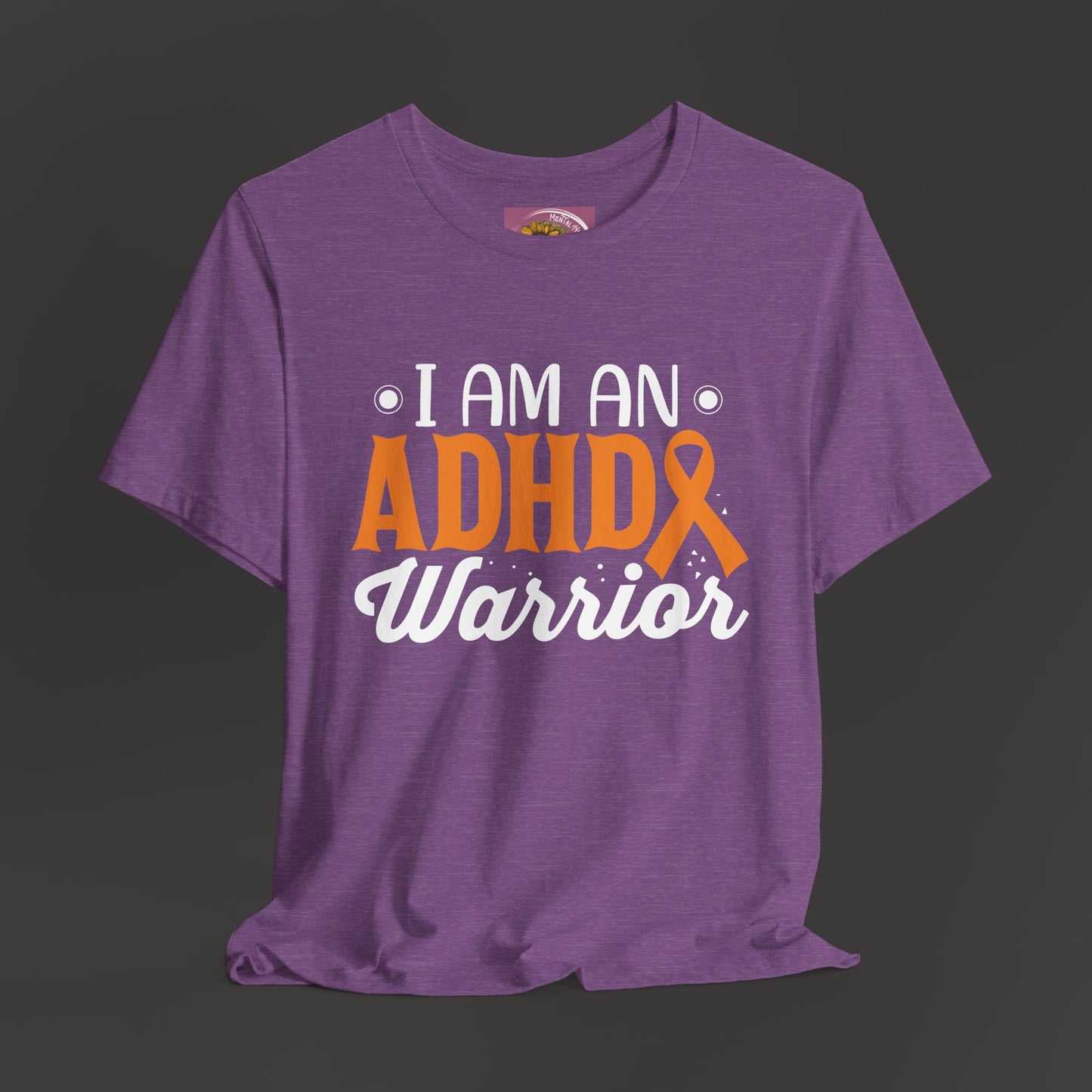 ADHD Warrior Tee Shirt/ Front Hanging View Mockup/ Heather Team Purple Colored
