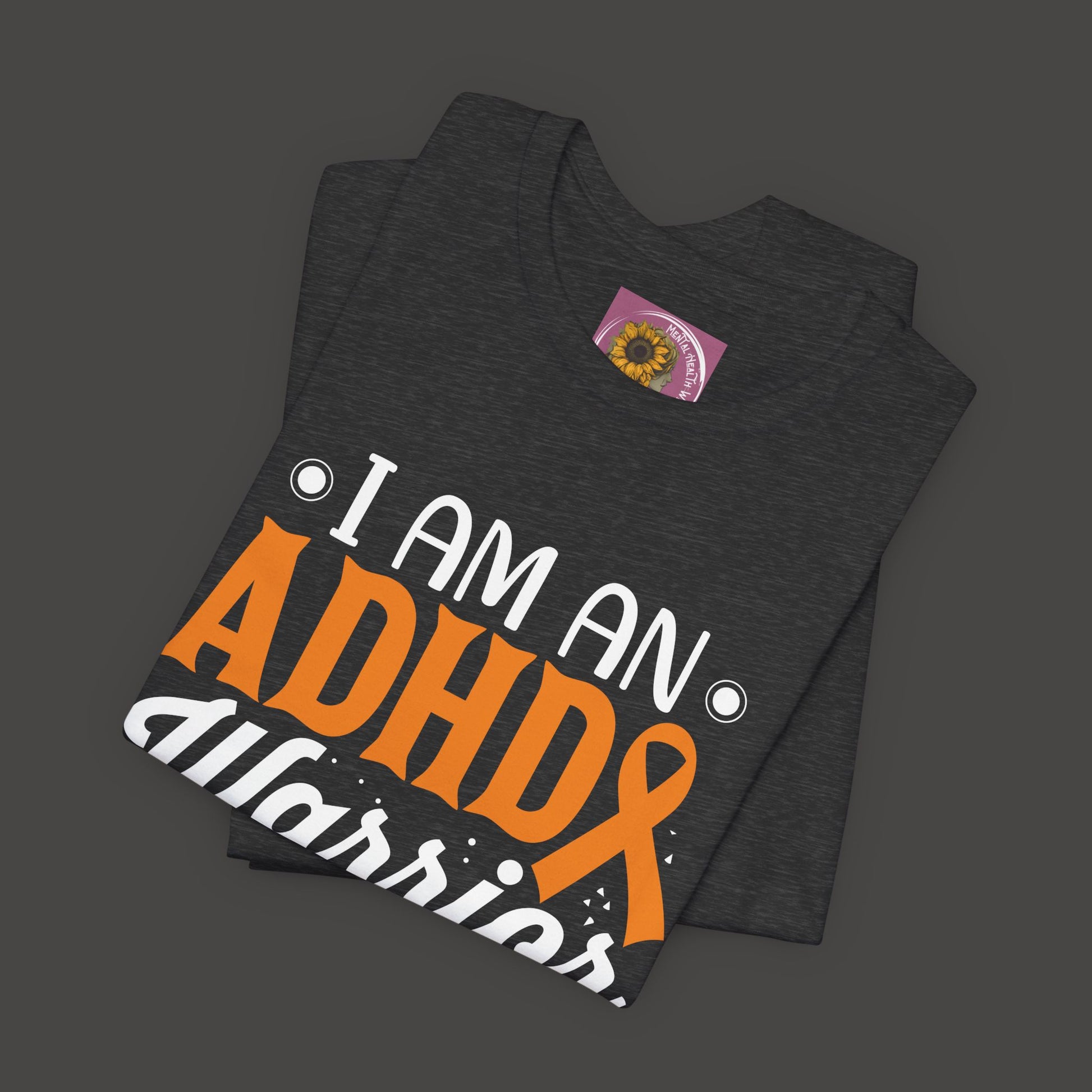 ADHD Warrior Tee Shirt/ Front Folded View Mockup/  Dark Heather Grey Colored