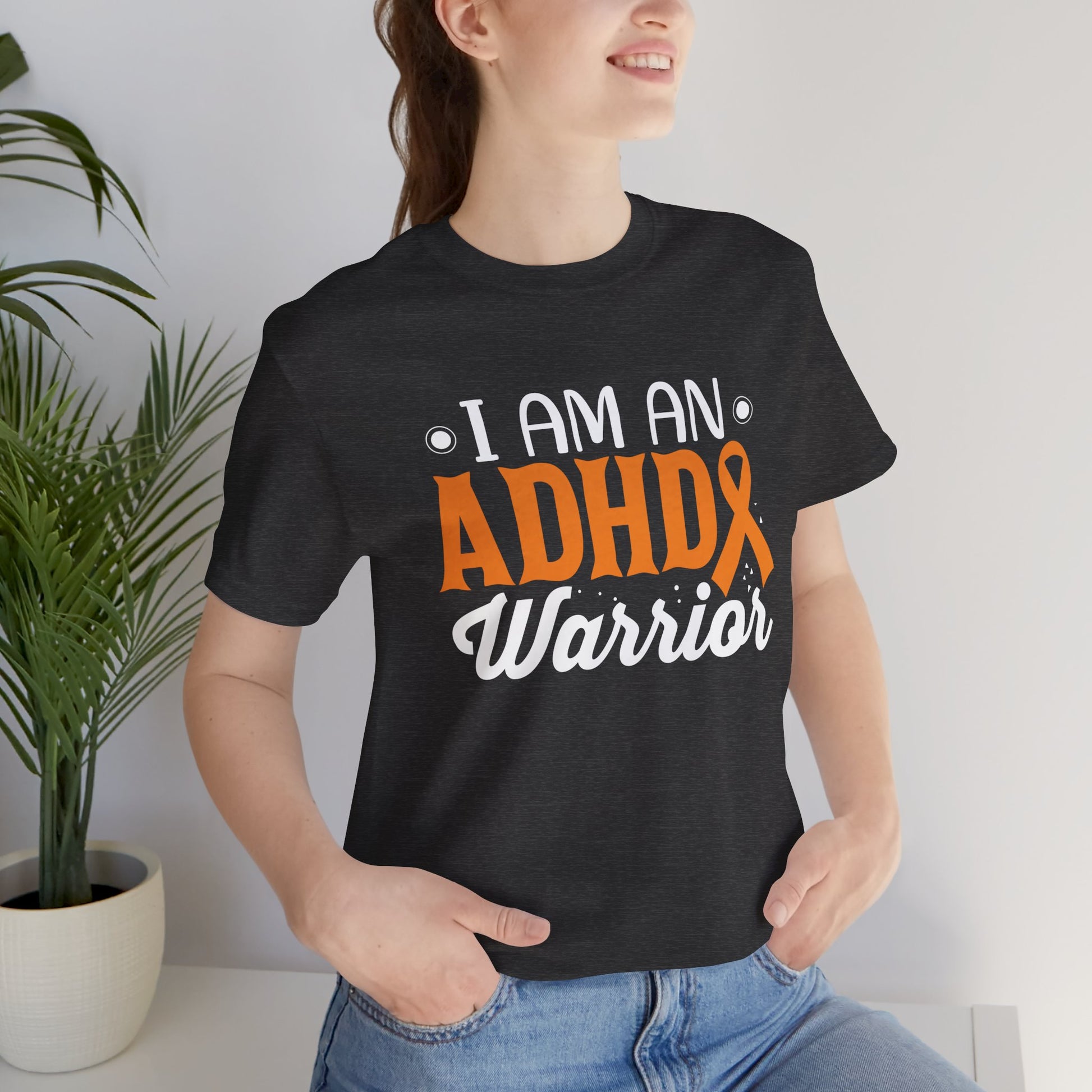 ADHD Warrior Tee Shirt/ Front Woman View Mockup/  Dark Heather Grey Colored