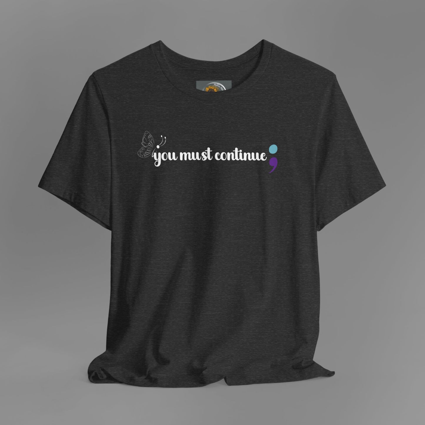 Butterfly Semicolon- Brake The Stigma Tee Shirt/ Front Hanging View Mockup/ Dark Heather Grey Color
