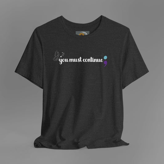 Butterfly Semicolon- Brake The Stigma Tee Shirt/ Front Hanging View Mockup/ Dark Heather Grey Color