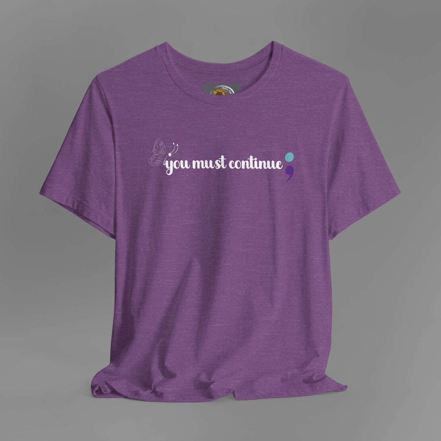 Butterfly Semicolon- Brake The Stigma Tee Shirt/ Front Hanging View Mockup/  Heather Team Purple Color