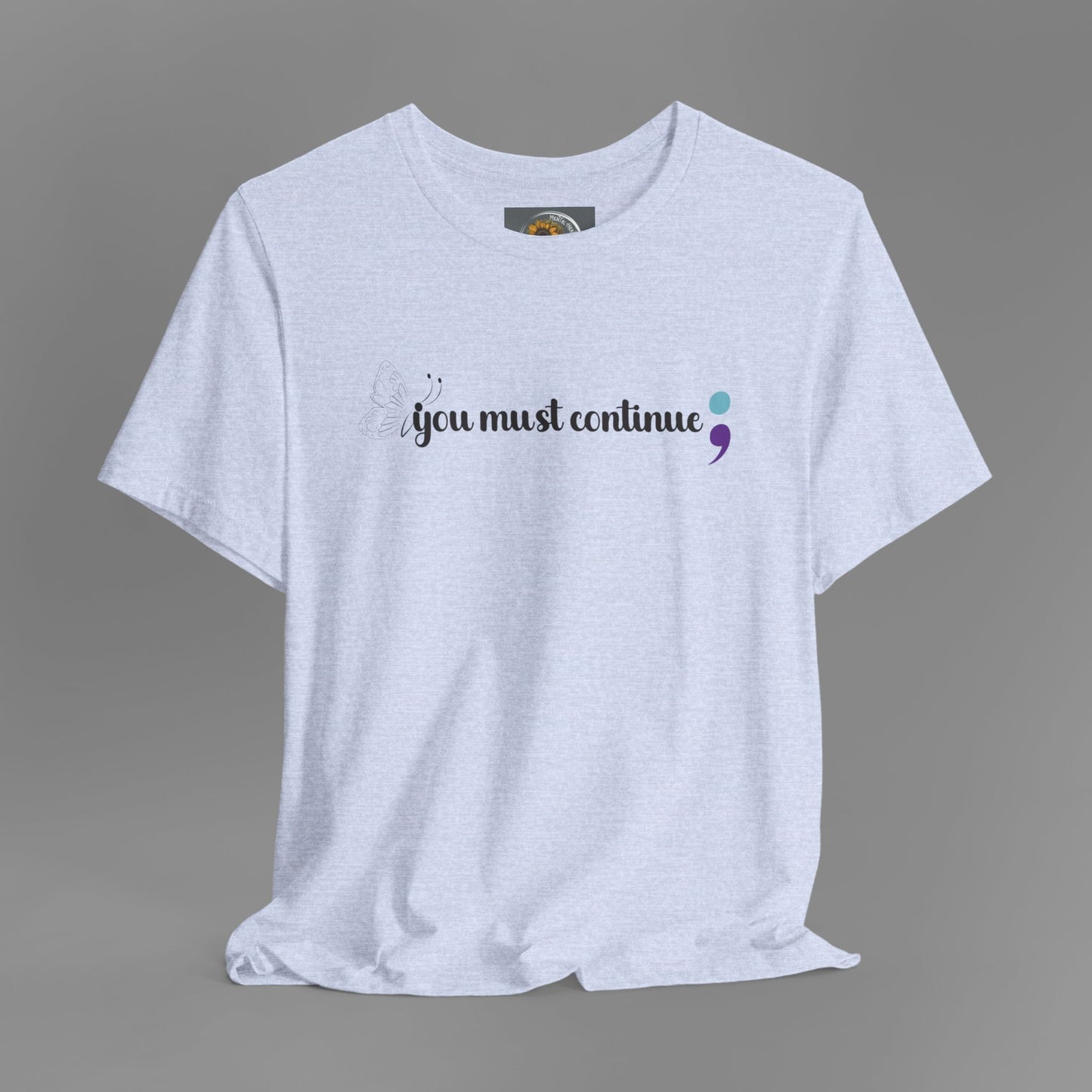 Butterfly Semicolon- Brake The Stigma Tee Shirt/ Front Hanging View Mockup/  Heather Prism Blue Color