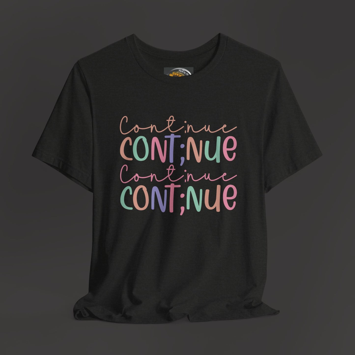Continue Semicolon/Front View/ Hanging Mockup/ Heather Black Color Tee Shirt
