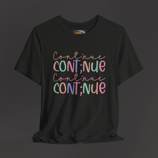 Continue Semicolon/Front View/ Hanging Mockup/ Heather Black Color Tee Shirt