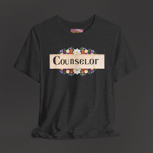 Counselor Floral Unisex Jersey Tee - Perfect Gift for Guidance Professionals/ Dark Heather Grey/ Front Hanging/ Mockup