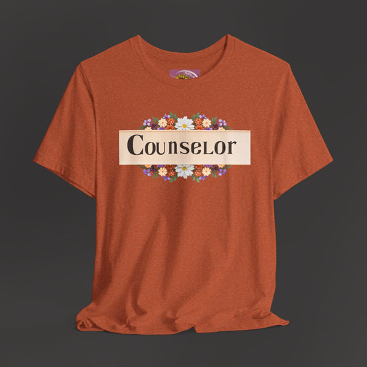 Counselor Floral Unisex Jersey Tee - Perfect Gift for Guidance Professionals/Heather Orange/ Front Hanging/ Mockup