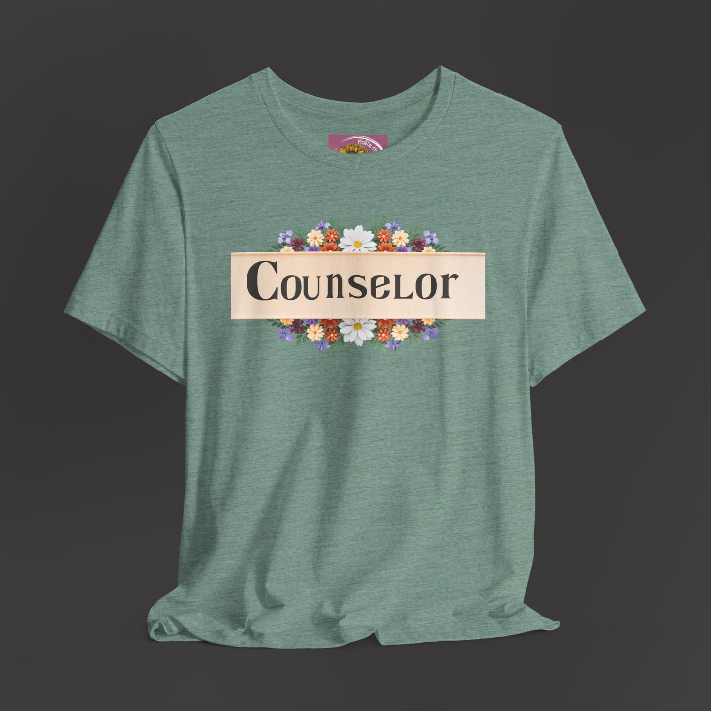 Counselor Floral Unisex Jersey Tee - Perfect Gift for Guidance Professionals/Heather Mint/ Front Hanging/ Mockup