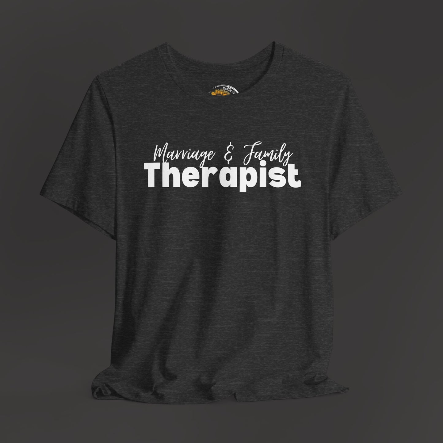 Marriage & Family Therapist Unisex Short Sleeve Tee/ Front Hanging Mockup View/ Heather Dark Grey