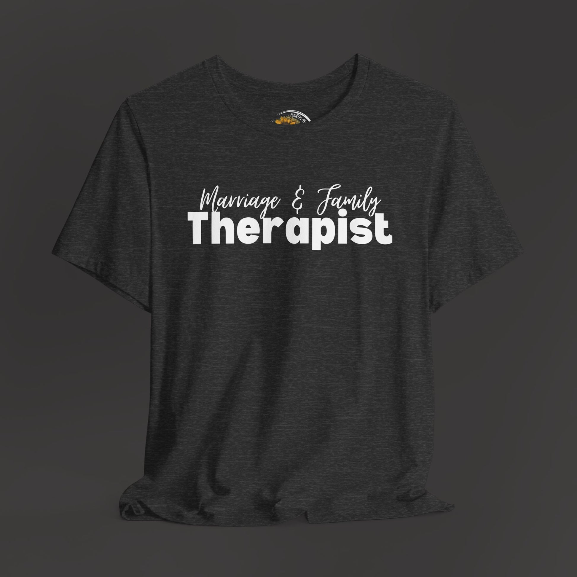 Marriage & Family Therapist Unisex Short Sleeve Tee/ Front Hanging Mockup View/ Heather Dark Grey