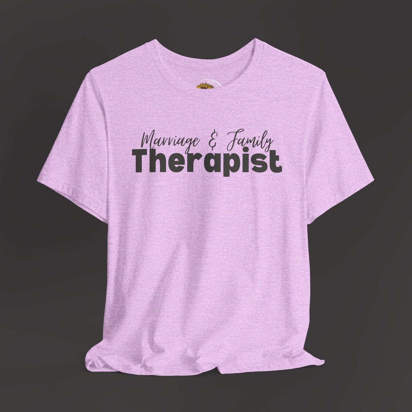 Marriage & Family Therapist Unisex Short Sleeve Tee/ Front Hanging Mockup View/ Heather Prism Lilac