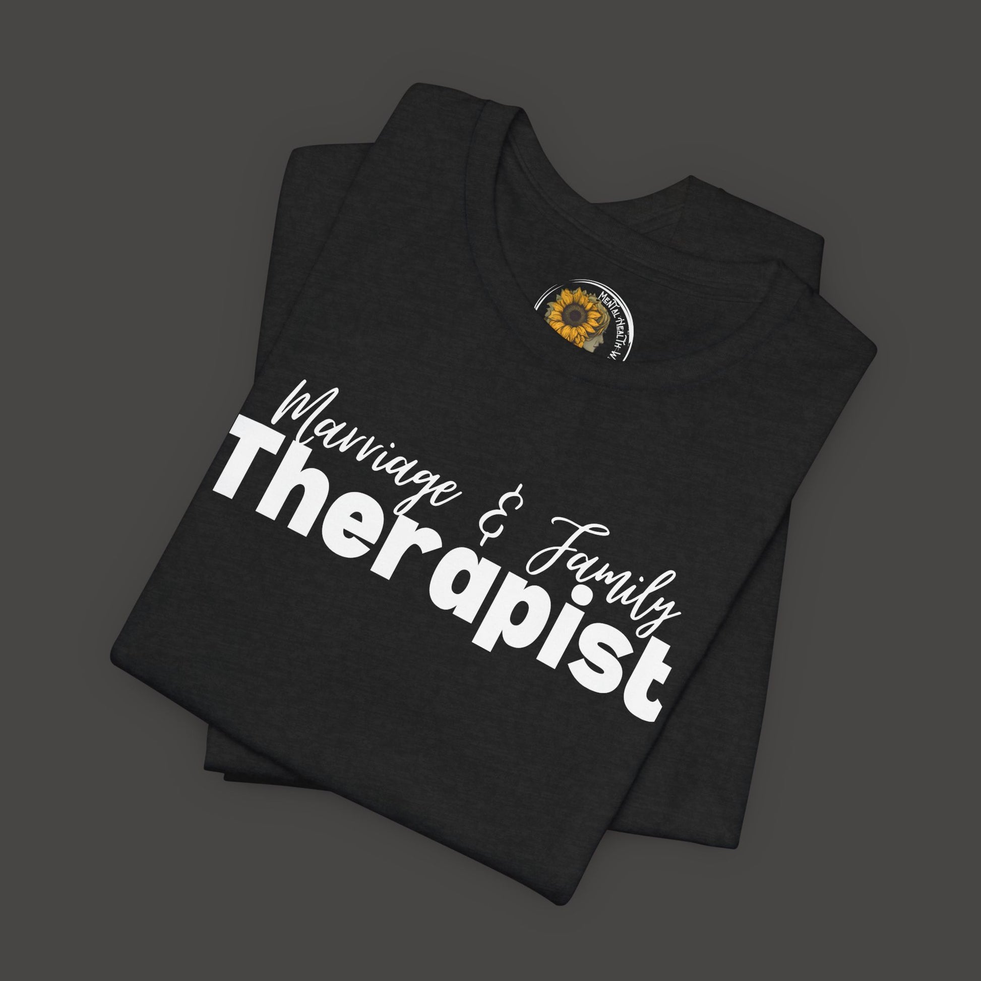 Marriage & Family Therapist Unisex Short Sleeve Tee/ Front Hanging Mockup View/ Heather Dark Heather