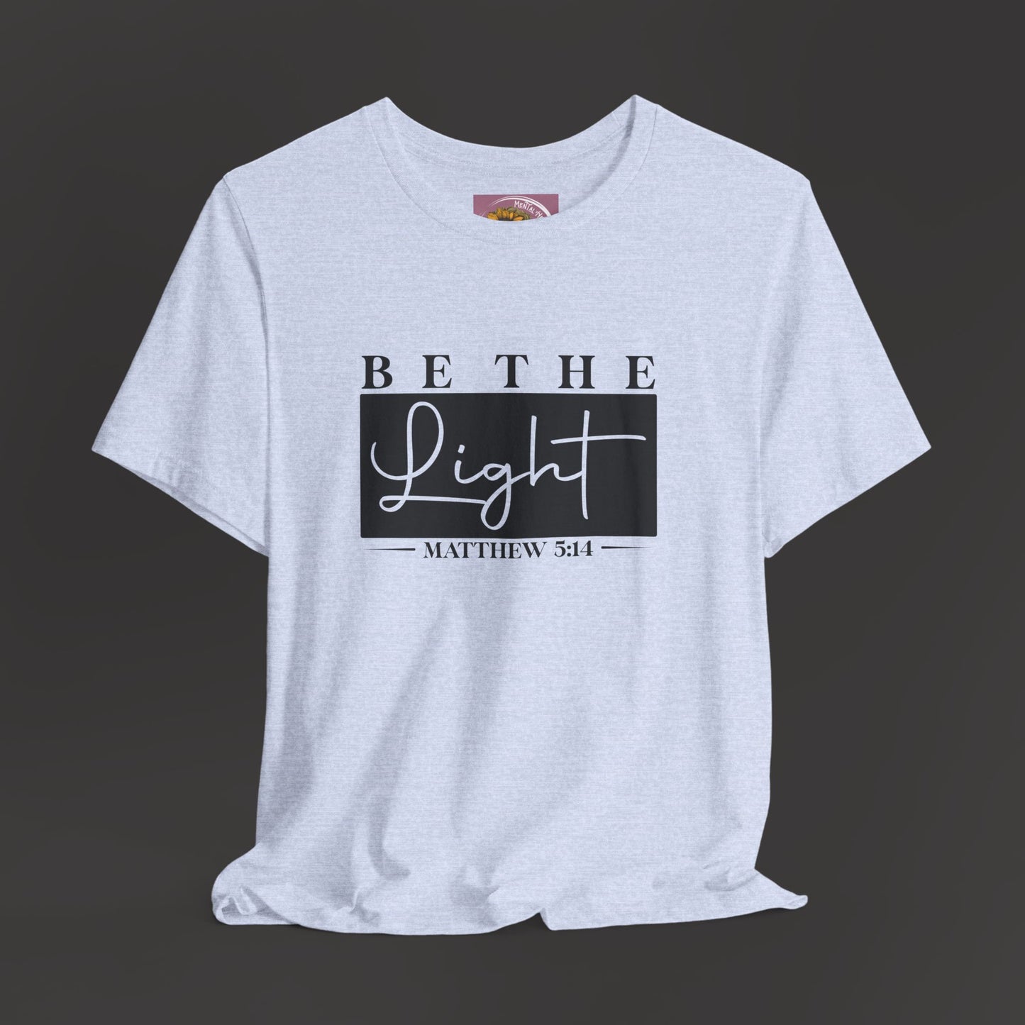 Bible Verse Mathew 3:14- Unisex Tee/Front View Mockup/Heather Prism Blue