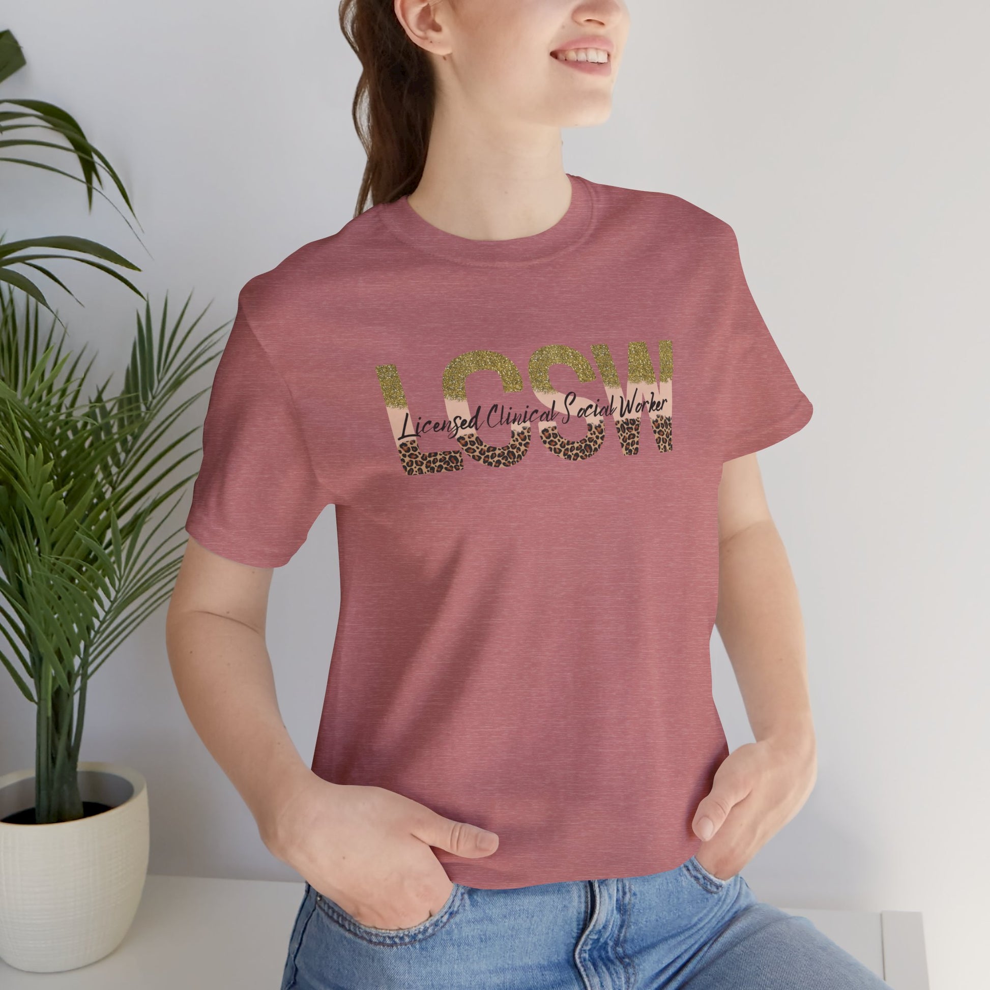 Cheeta Print/Gold Glitter Lettered- Licensed Clinical Social Worker-Unisex Short Sleeve Tee - Mental Health Wear TN