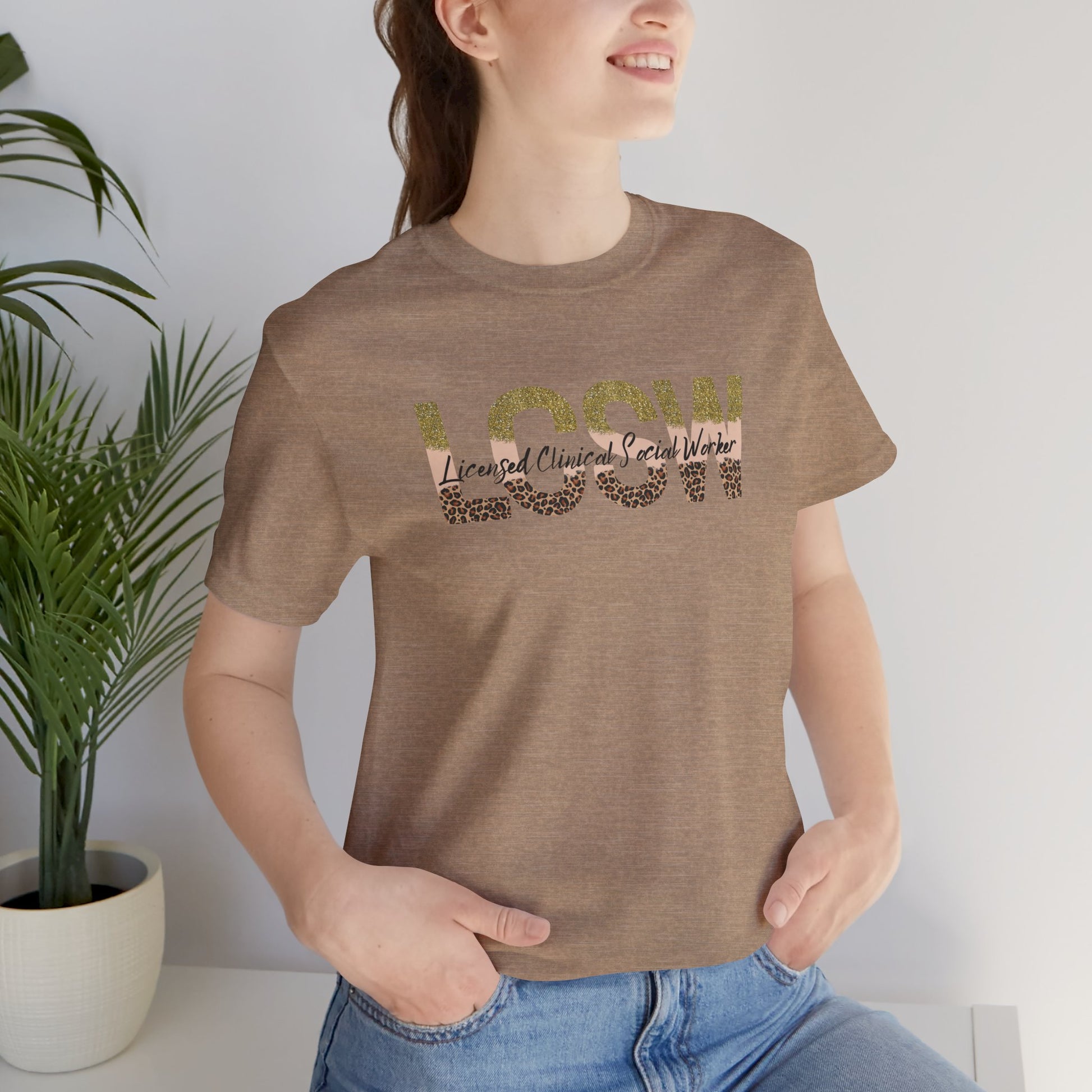 Cheeta Print/Gold Glitter Lettered- Licensed Clinical Social Worker-Unisex Short Sleeve Tee - Mental Health Wear TN