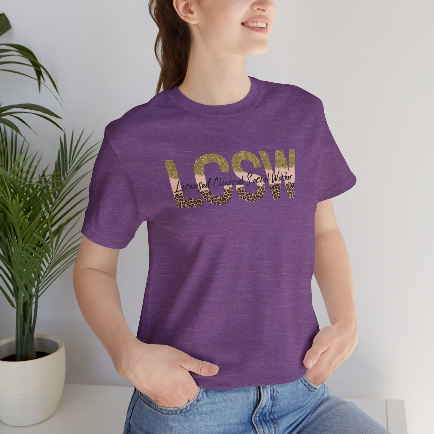 Cheeta Print/Gold Glitter Lettered- Licensed Clinical Social Worker-Unisex Short Sleeve Tee - Mental Health Wear TN