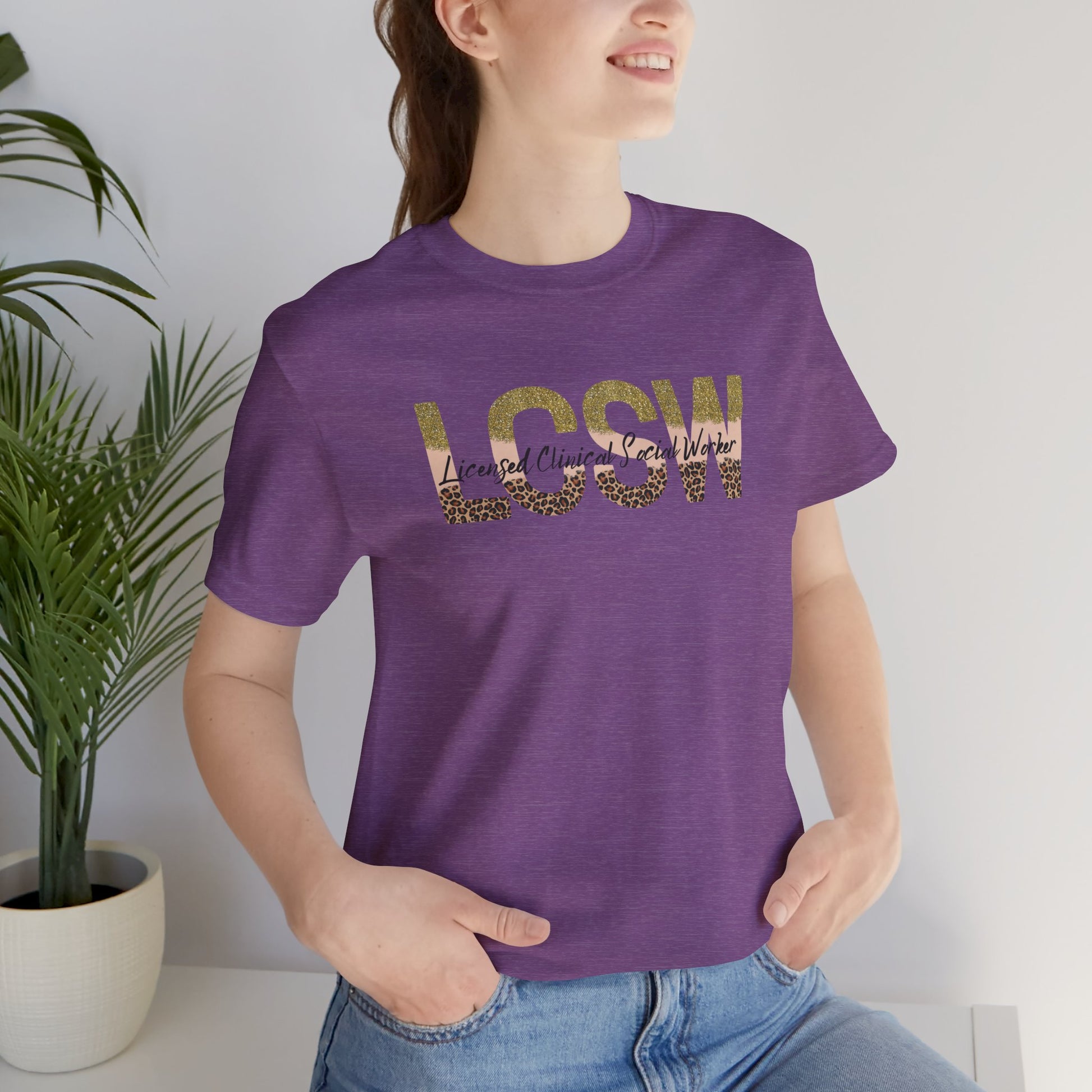 Cheeta Print/Gold Glitter Lettered- Licensed Clinical Social Worker-Unisex Short Sleeve Tee - Mental Health Wear TN