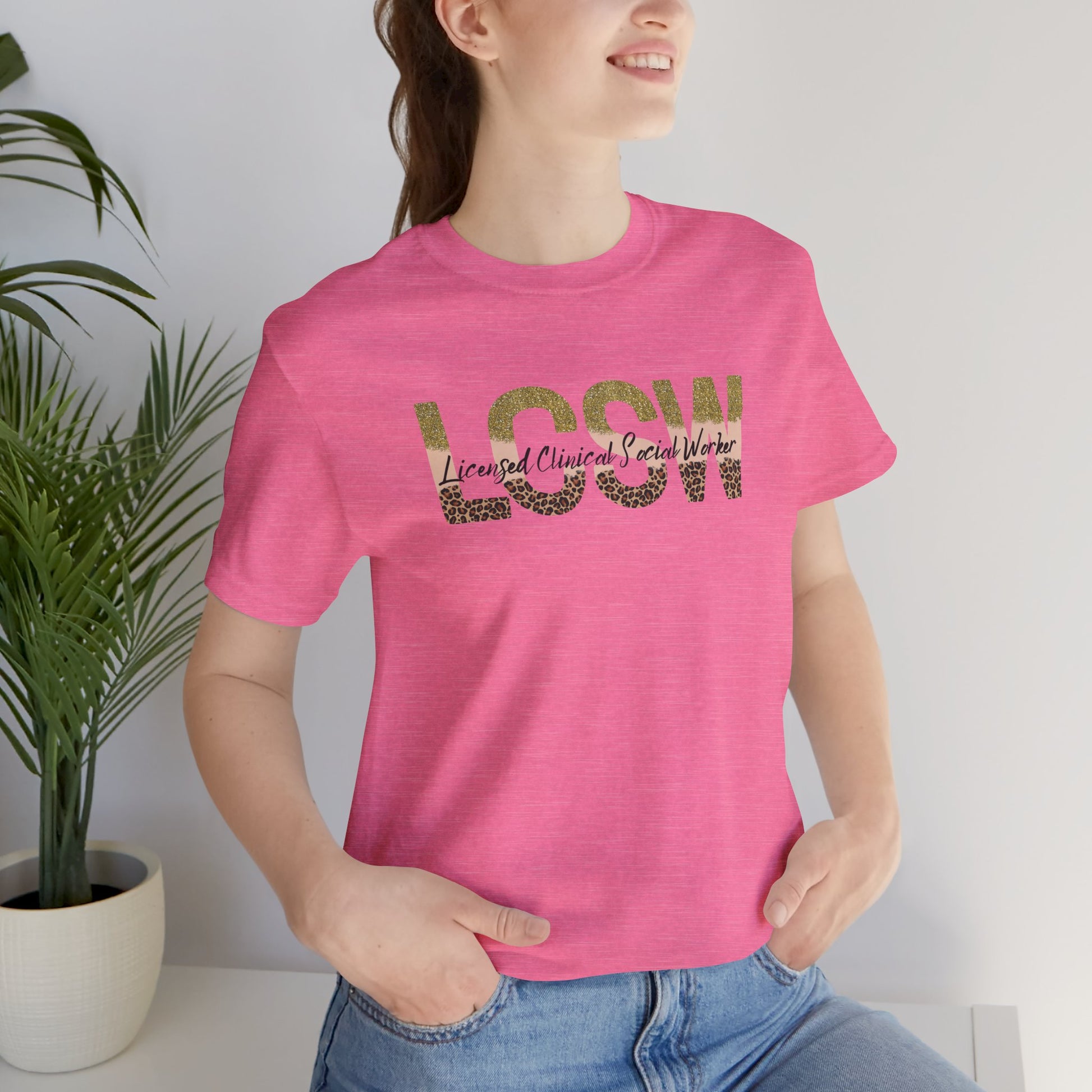 Cheeta Print/Gold Glitter Lettered- Licensed Clinical Social Worker-Unisex Short Sleeve Tee - Mental Health Wear TN