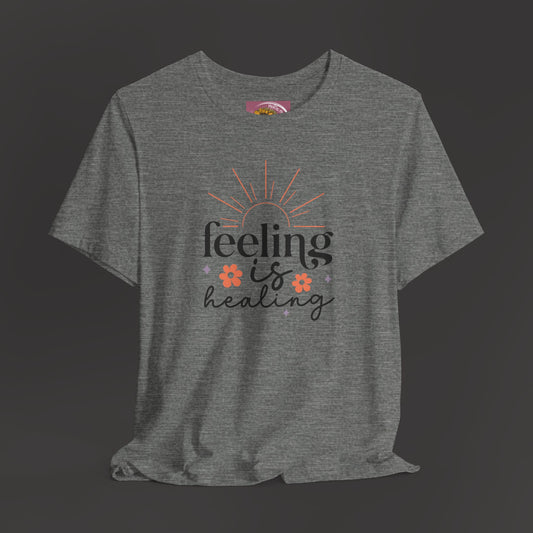 Feeling Is Healing - Inspirational Tee Shirt/ Front View/ Hanging Mock Up/ Deep Heather Grey Color