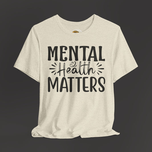Mental Health Matters Tee Shirt/ hanging up front view mockup/ heather natural prism color