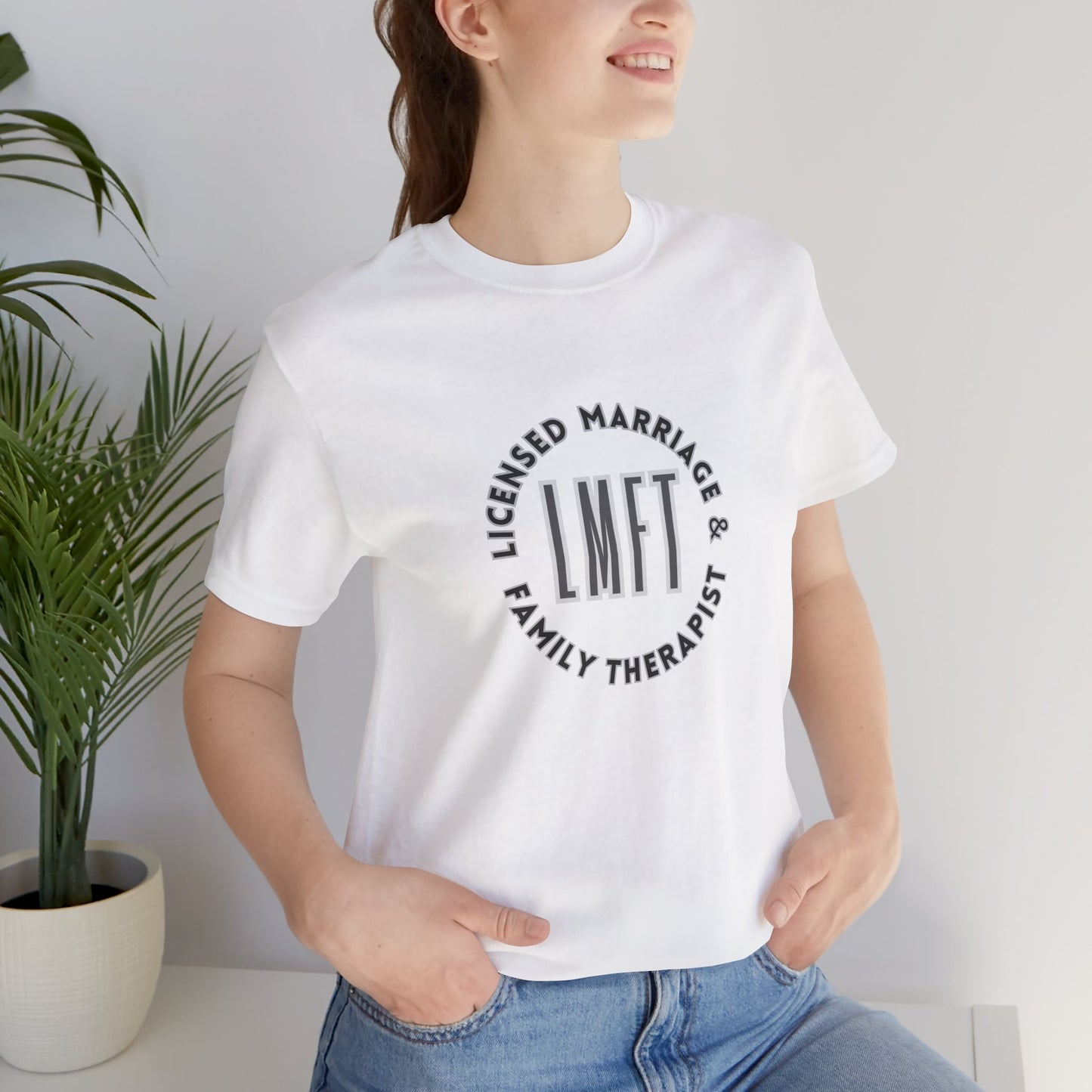 Licensed Marriage & Family Therapist Tee Shirt/Front Person Mockup/ Solid White Blend