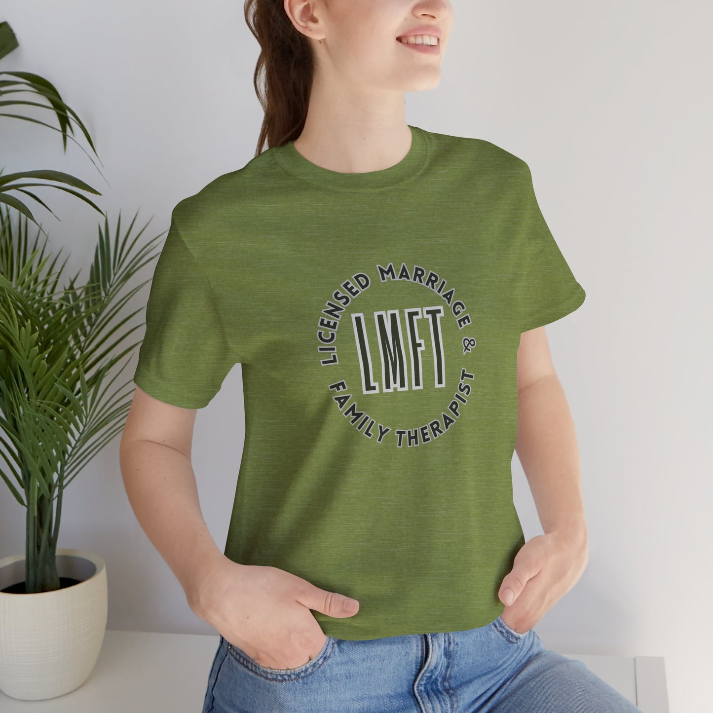 Licensed Marriage & Family Therapist Tee Shirt/Front person Mockup/ Heather Green
