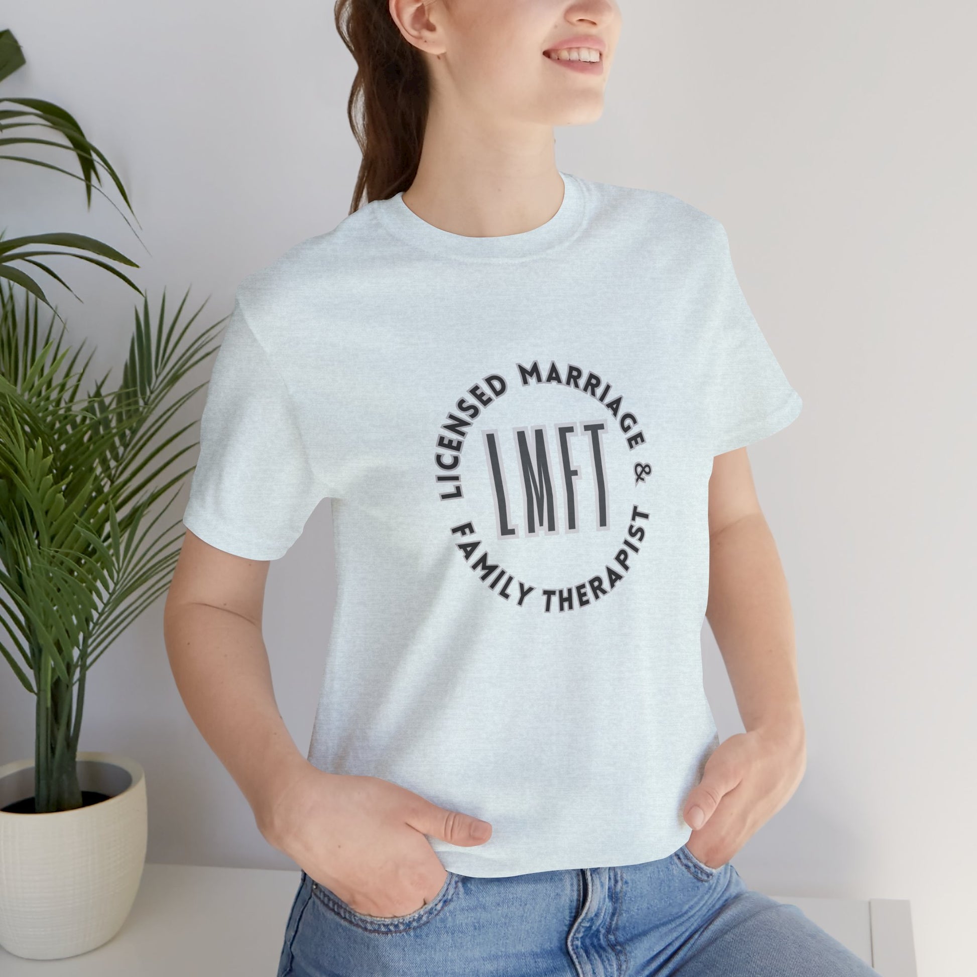 Licensed Marriage & Family Therapist Tee Shirt/Front person Mockup/ Heather Prism Ice Blue