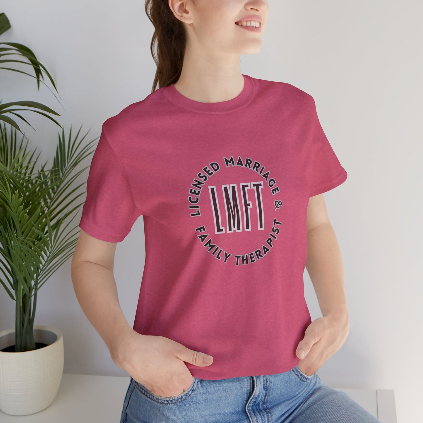 Licensed Marriage & Family Therapist Tee Shirt/Front Person Mockup/  Heather Charity Pink